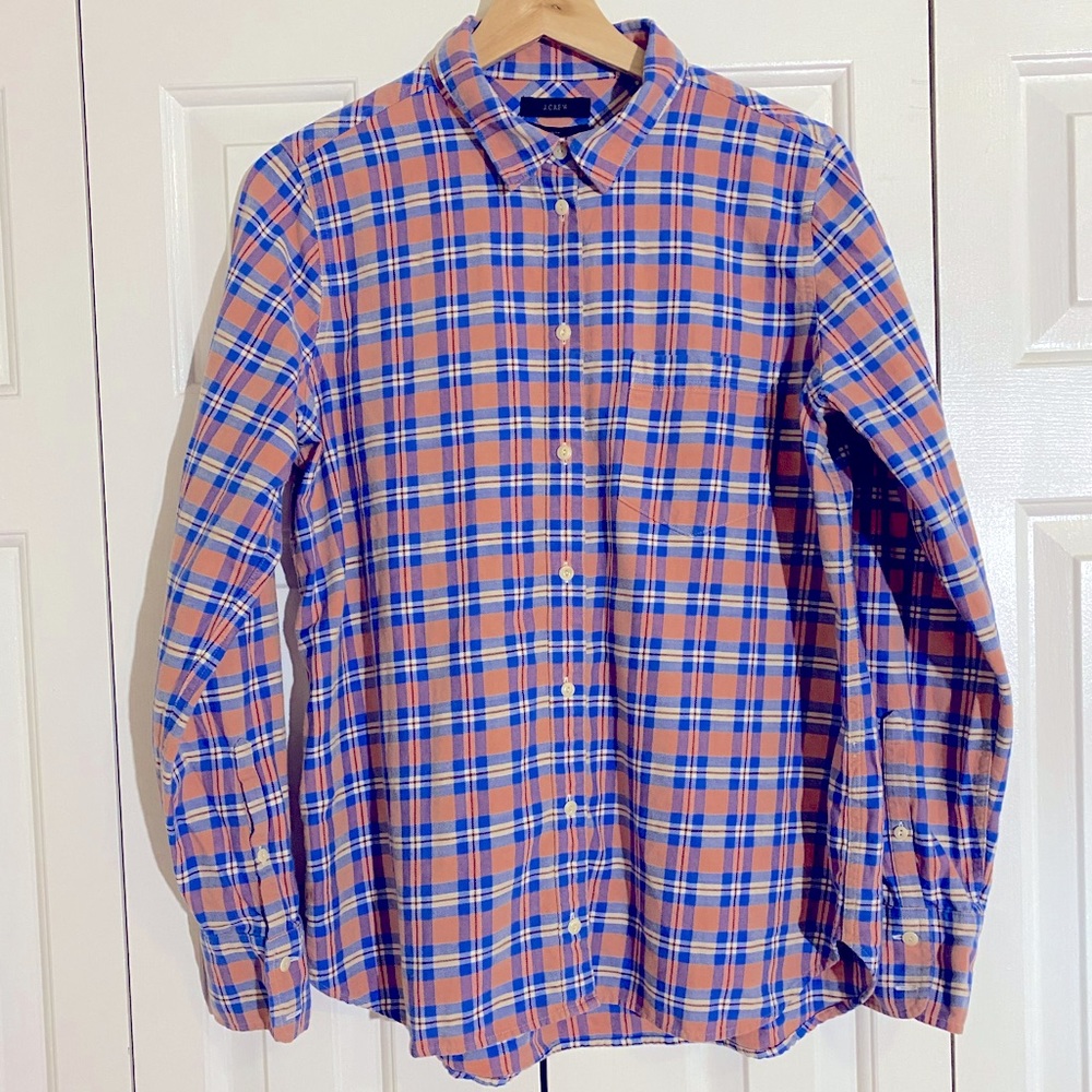 JCrew, pink & blue flannel button down, boy cut 10